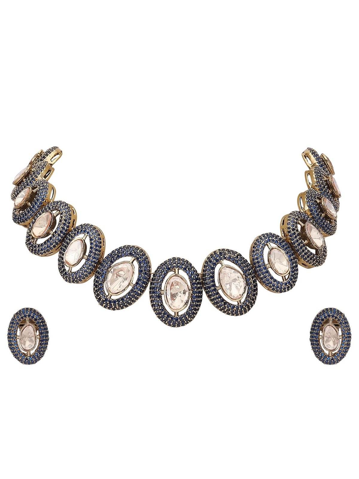 Gold-Plated Handcrafted Choker Necklace Set with Blue Crystal Accents - Auraa Trends