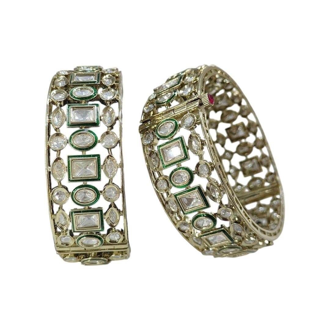 Gold-Plated Kundan Bangles with Green Enamel Work - Auraa Trends