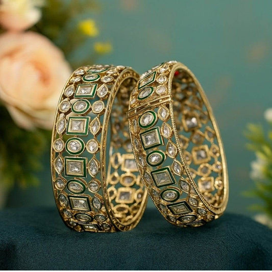 Gold-Plated Kundan Bangles with Green Enamel Work - Auraa Trends