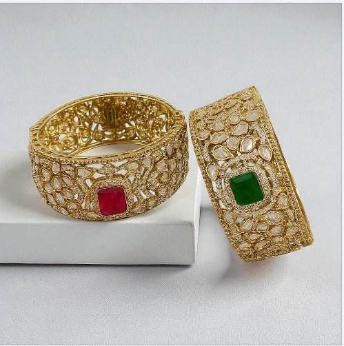 Gold-Plated Kundan Bangles with Pink & Green Square Stone - Auraa Trends