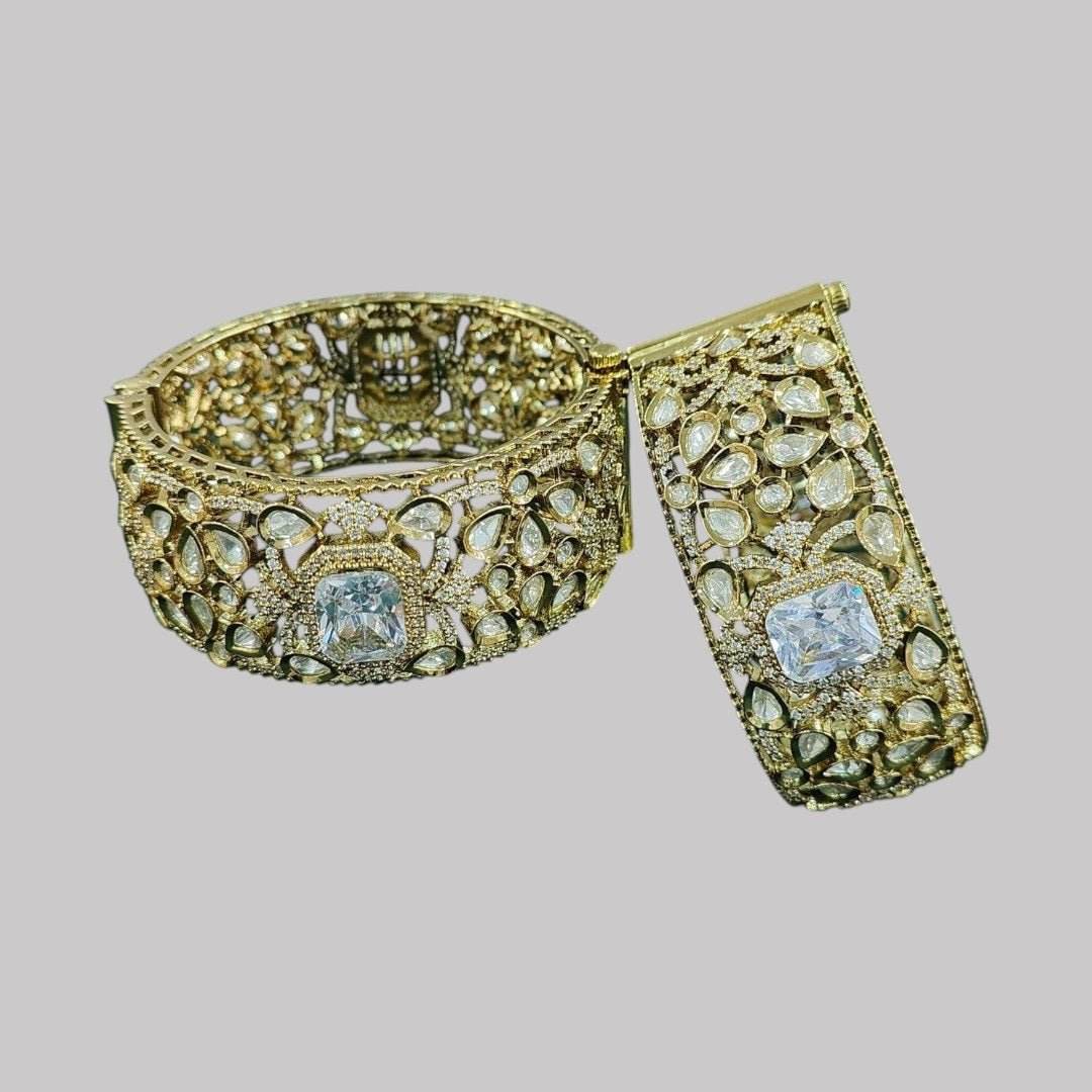 Gold-Plated Kundan Bridal Bangles with Sparkling Clear Center Stone - Auraa Trends