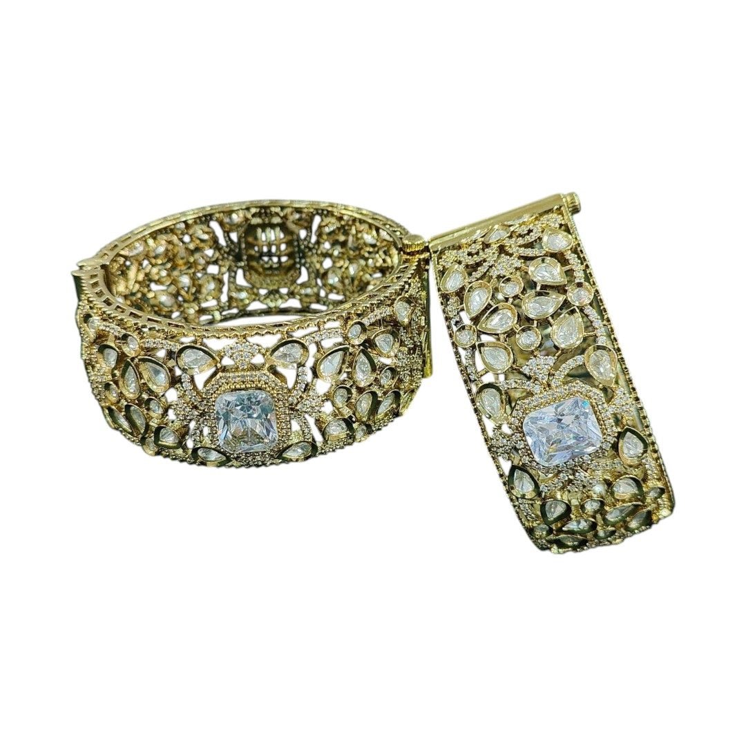 Gold - Plated Kundan Bridal Bangles with Sparkling Clear Center Stone - Auraa Trends - Bangles - - Auraa Trends - “Heavy gold - plated bridal kundan bangles with clear square - cut center stone, traditional Indian wedding jewelry on dark green velvet background.”
