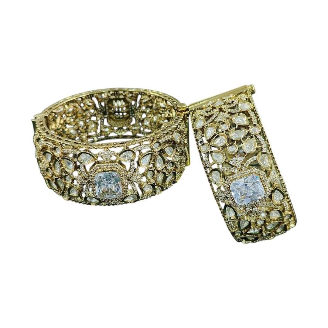 Gold-Plated Kundan Bridal Bangles with Sparkling Clear Center Stone - Auraa Trends