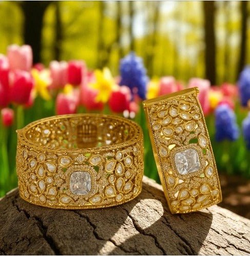Gold - Plated Kundan Bridal Bangles with Sparkling Clear Center Stone - Auraa Trends - Bangles - - Auraa Trends - “Heavy gold - plated bridal kundan bangles with clear square - cut center stone, traditional Indian wedding jewelry on dark green velvet background.”
