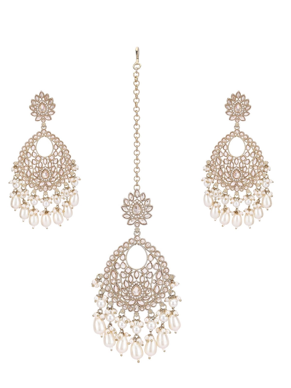 Gold-Plated Kundan Chandbaali and Maangtikka set - Auraa Trends - Earring Set - Bridal Collection Contemporary Earring