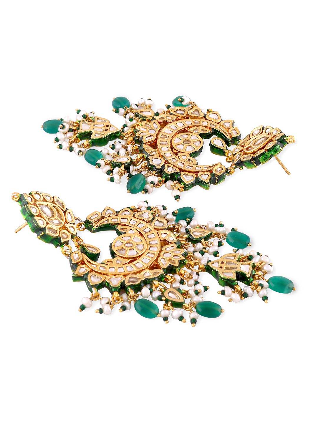 Gold-Plated Kundan Chandbaali Earrings with Green Beads - Auraa Trends