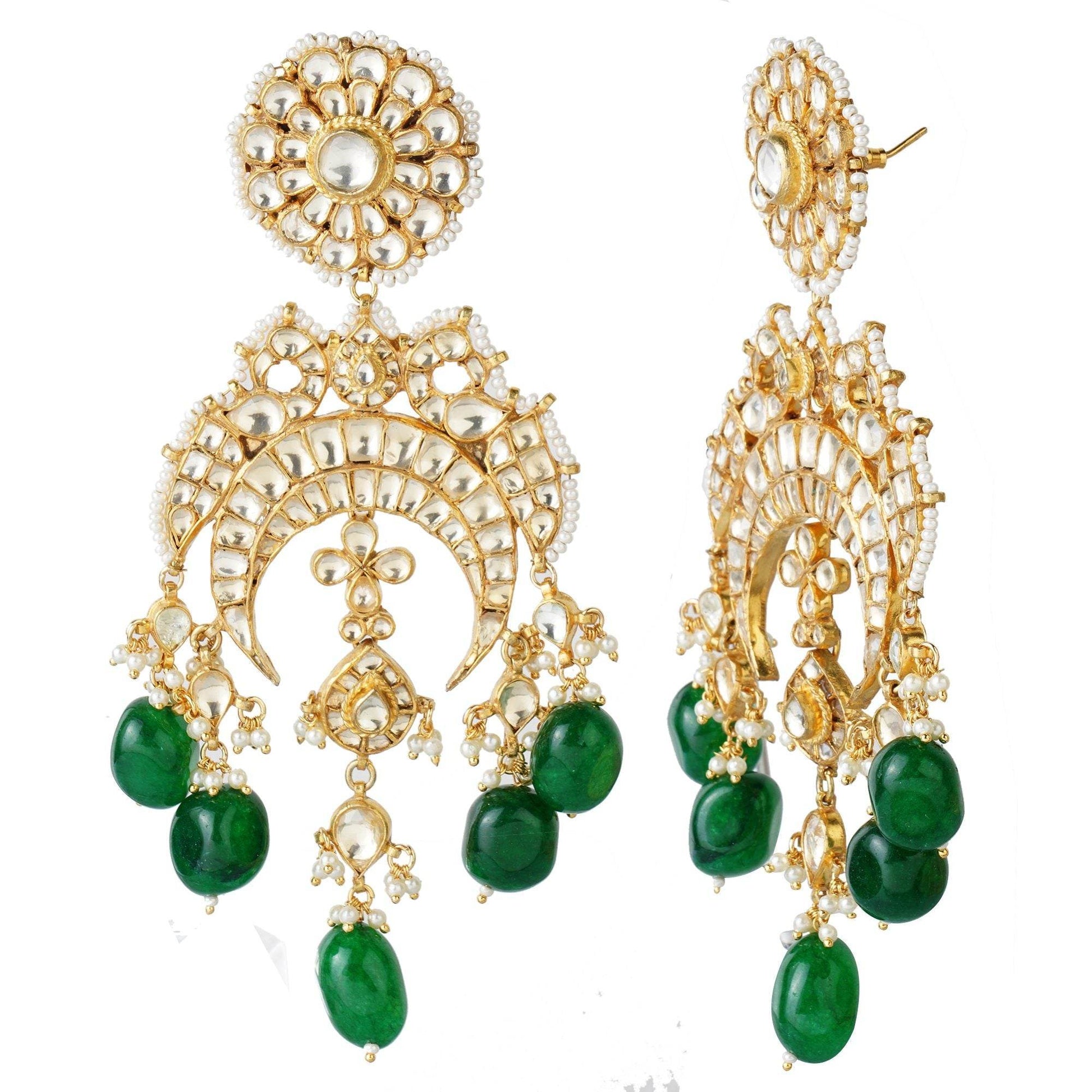 Gold-Plated Kundan Chandbaali Earrings with Green Beads - Auraa Trends