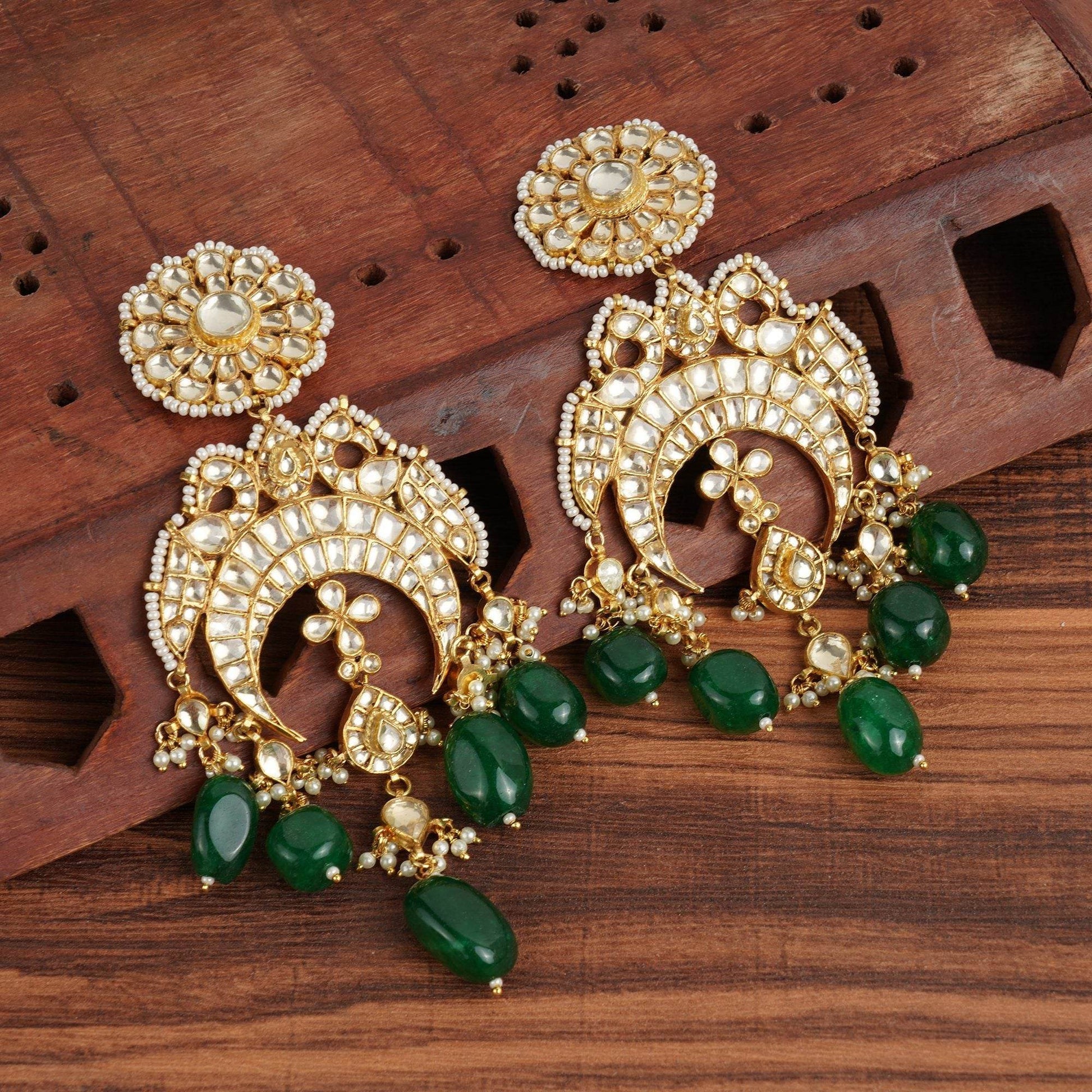 Gold-Plated Kundan Chandbaali Earrings with Green Beads - Auraa Trends