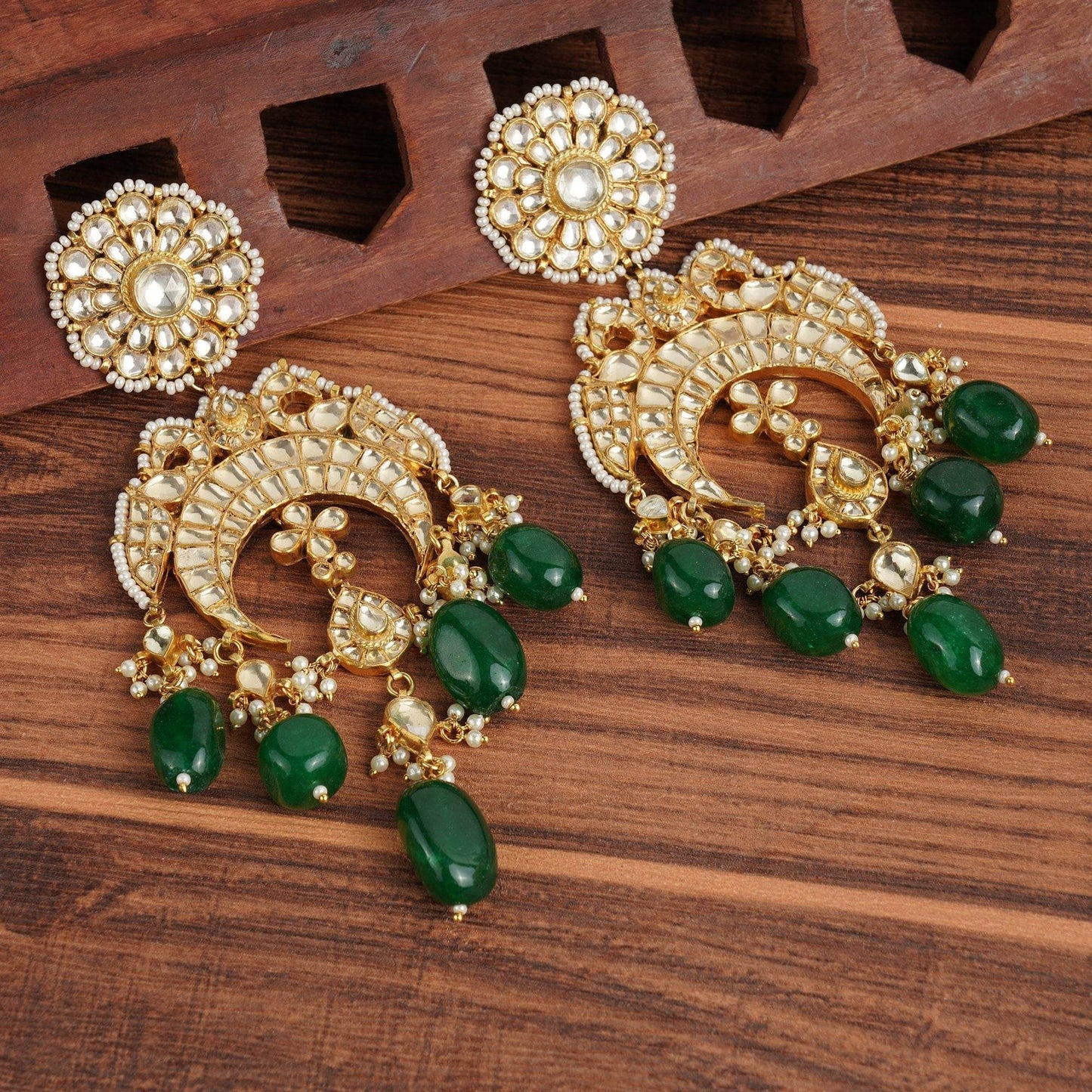 Gold-Plated Kundan Chandbaali Earrings with Green Beads - Auraa Trends