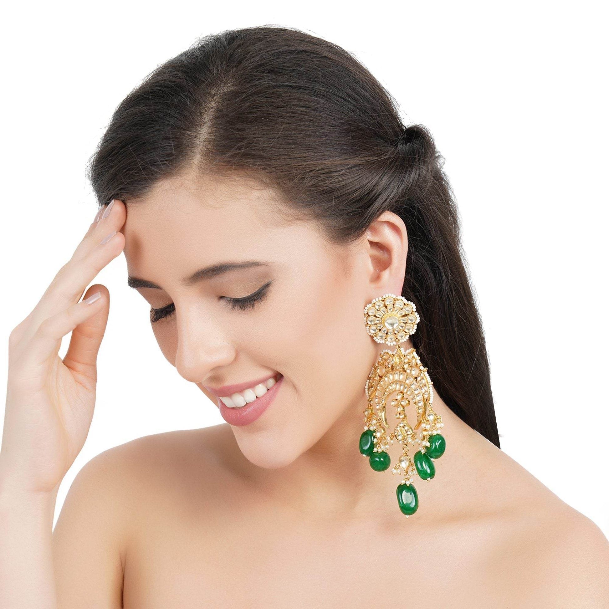 Gold-Plated Kundan Chandbaali Earrings with Green Beads - Auraa Trends