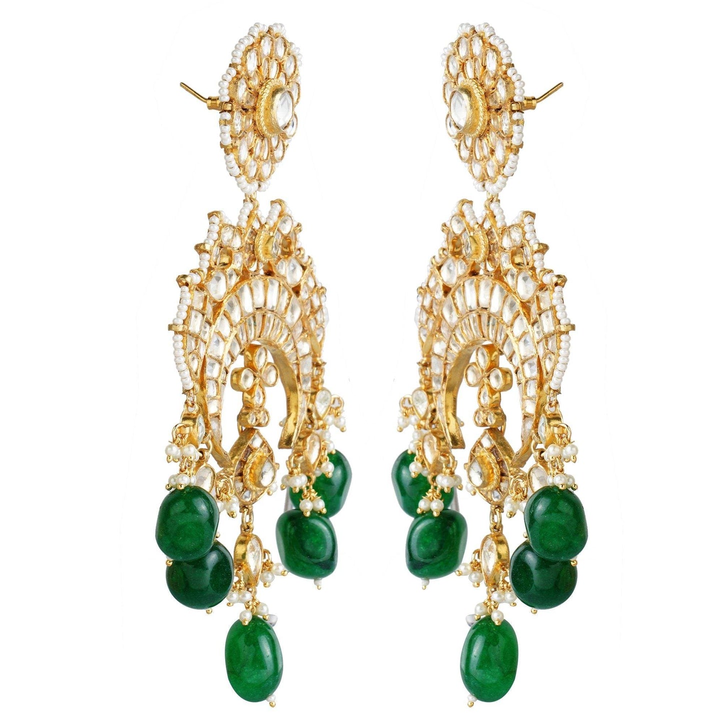 Gold-Plated Kundan Chandbaali Earrings with Green Beads - Auraa Trends