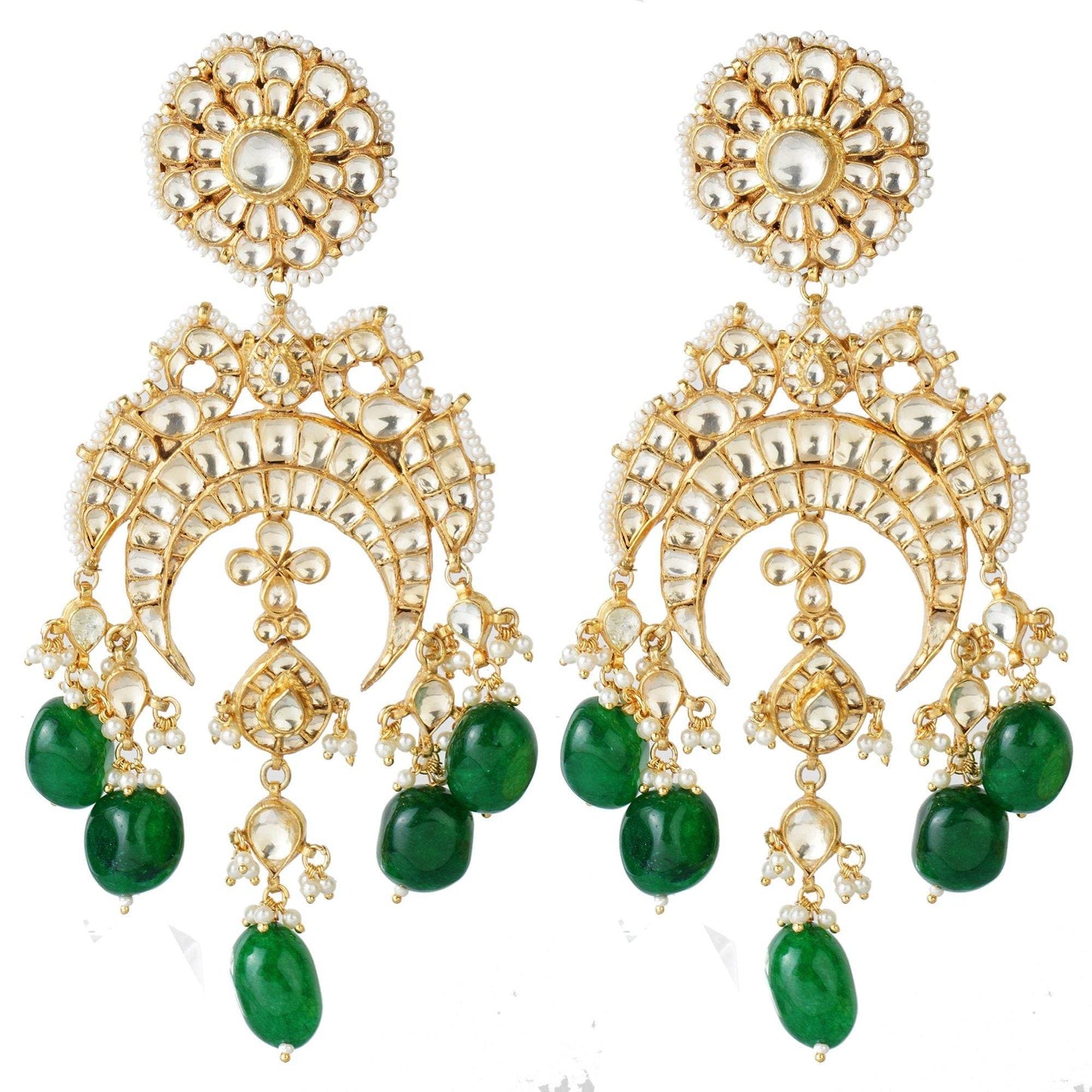 Gold-Plated Kundan Chandbaali Earrings with Green Beads - Auraa Trends