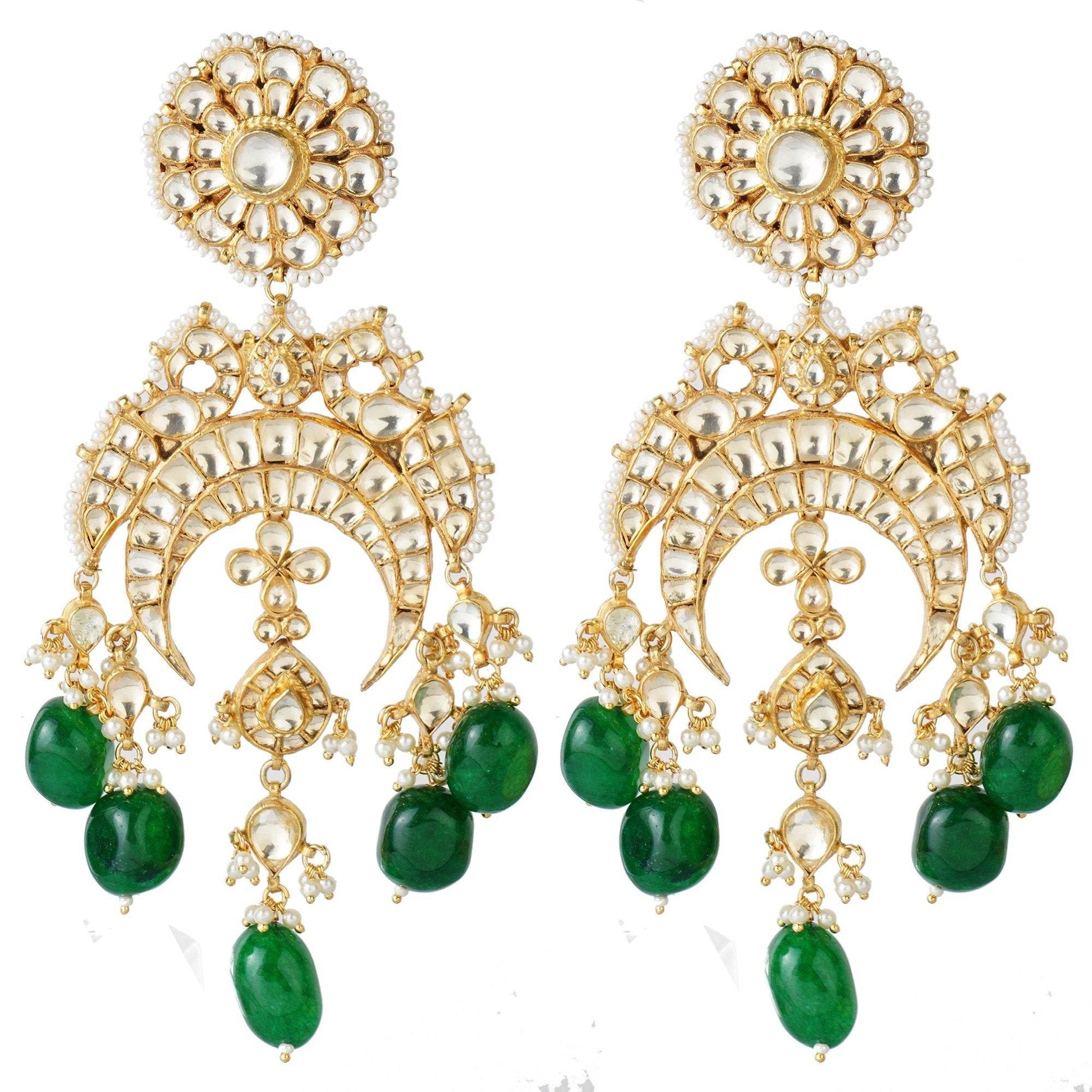 Gold-Plated Kundan Chandbaali Earrings with Green Beads - Auraa Trends