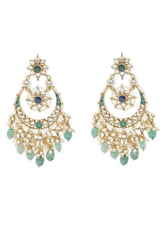 Gold Plated Kundan Chandbaali Earrings with Green Drops - Auraa Trends