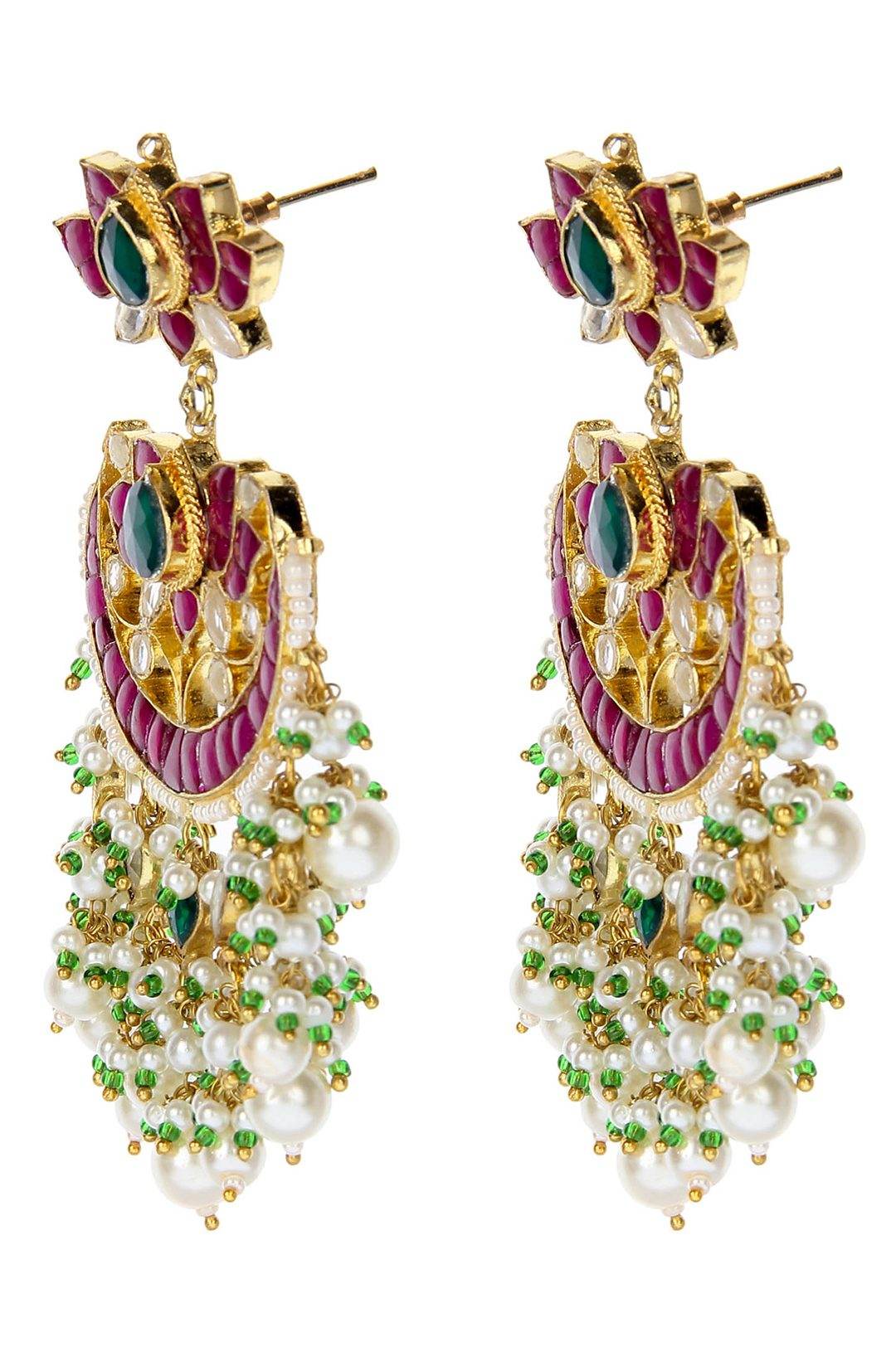 Gold Plated Kundan Chandbaali Earrings with Red Beads - Auraa Trends