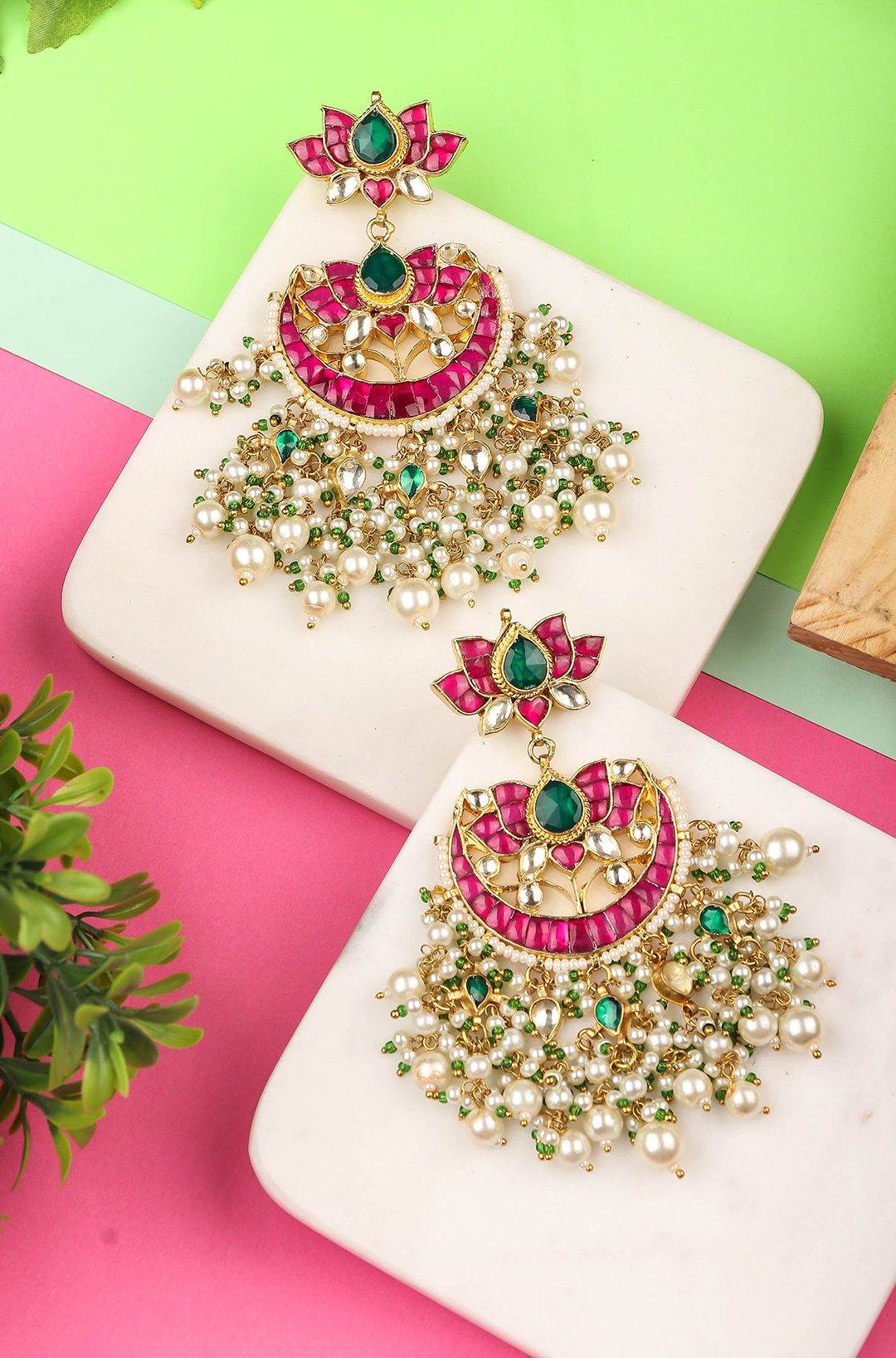 Gold Plated Kundan Chandbaali Earrings with Red Beads - Auraa Trends