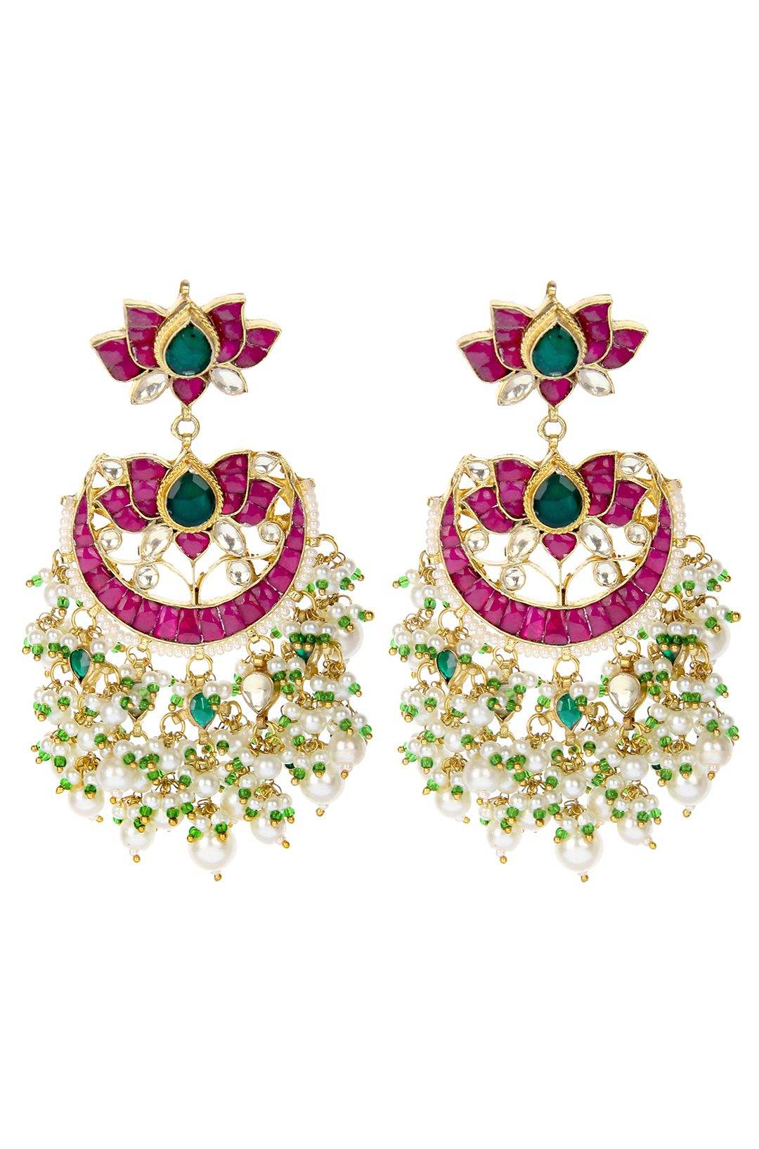 Gold Plated Kundan Chandbaali Earrings with Red Beads - Auraa Trends