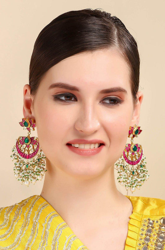Gold Plated Kundan Chandbaali Earrings with Red Beads - Auraa Trends