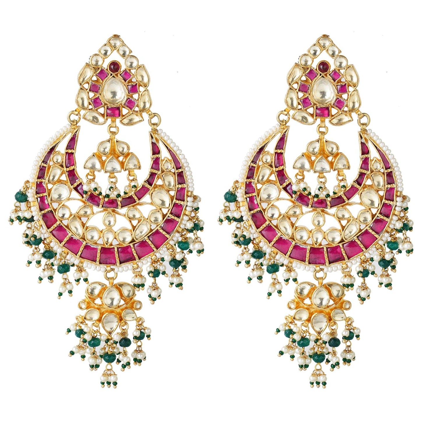 Gold Plated Kundan Chandbaali Earrings with Stones - Auraa Trends