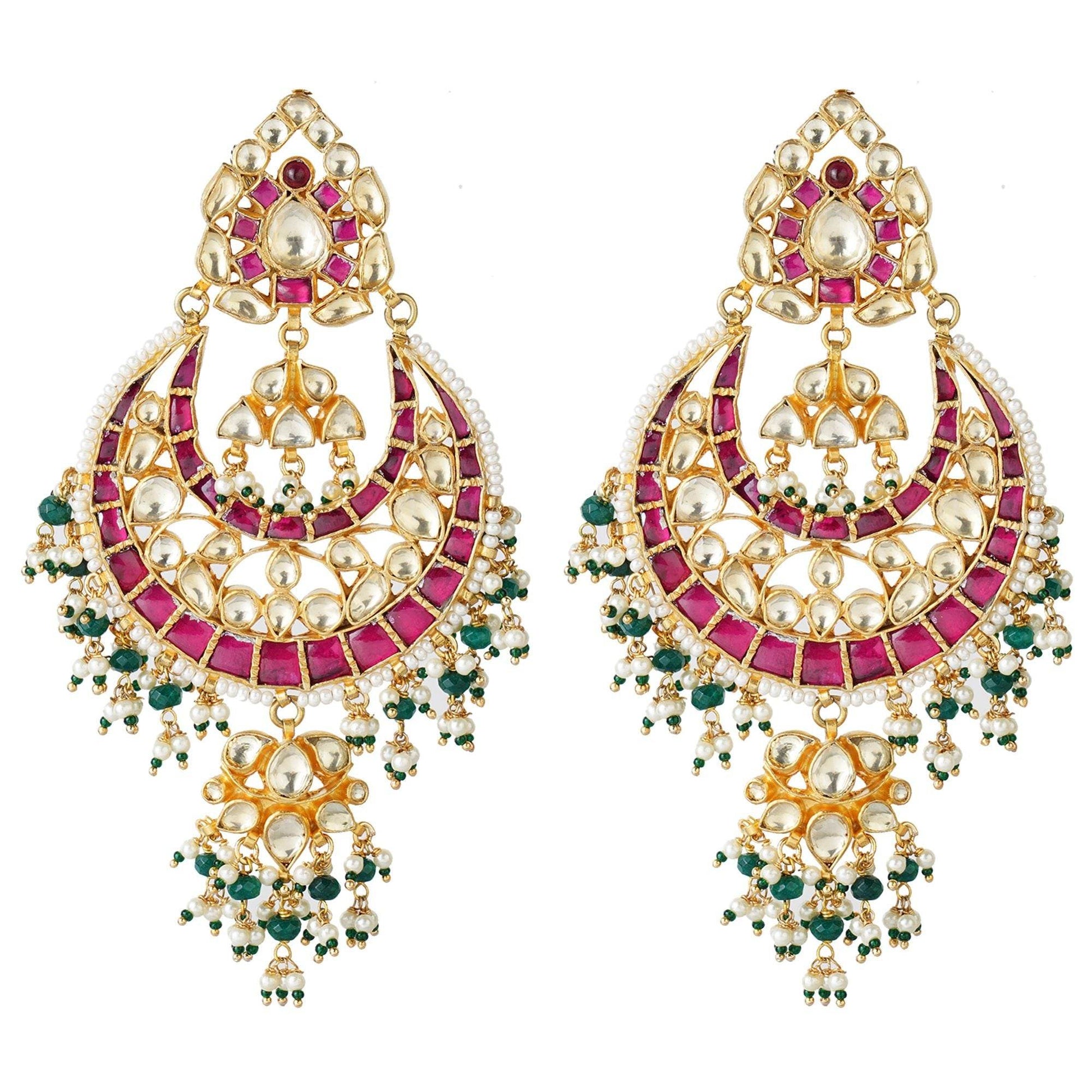 Gold Plated Kundan Chandbaali Earrings with Stones - Auraa Trends