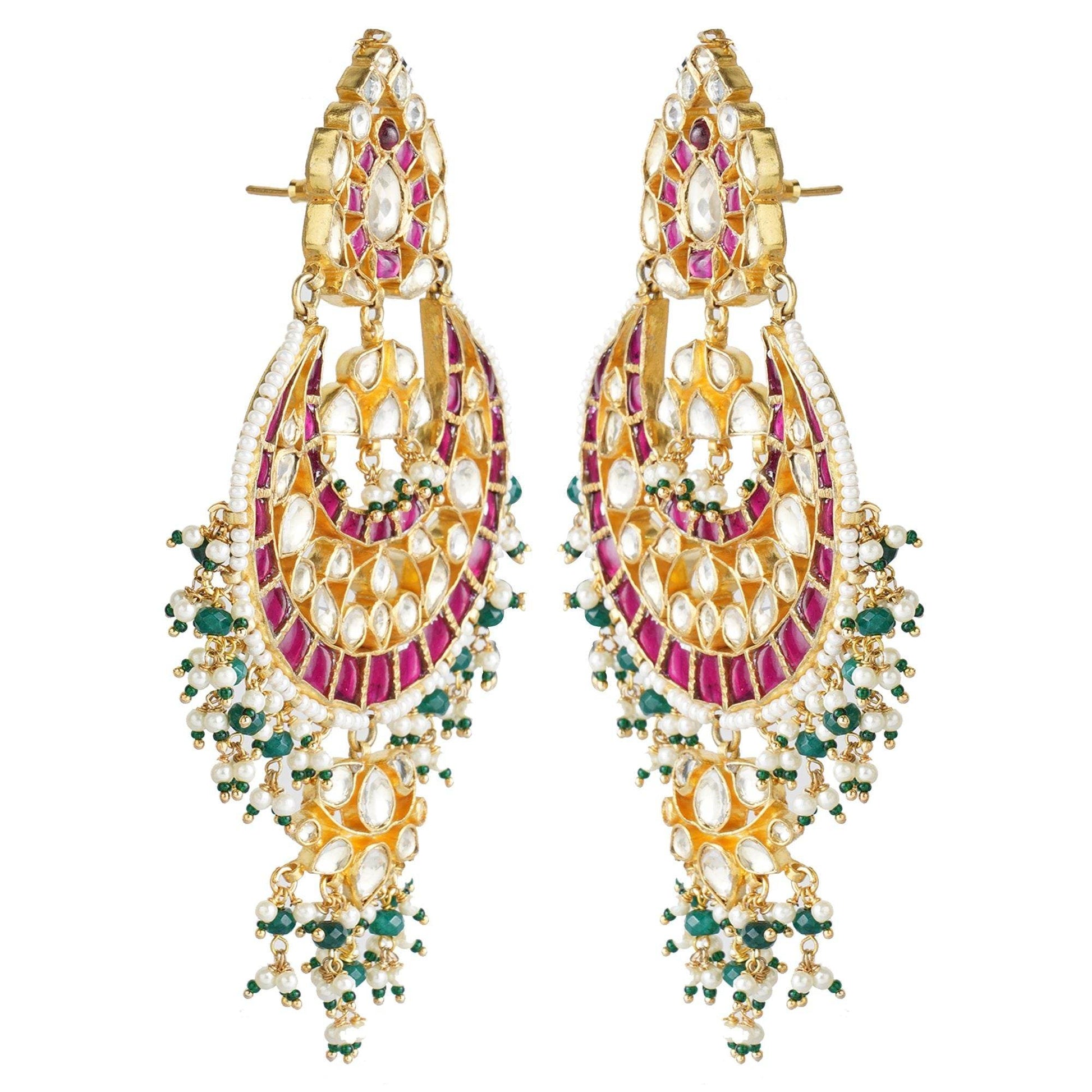 Gold Plated Kundan Chandbaali Earrings with Stones - Auraa Trends