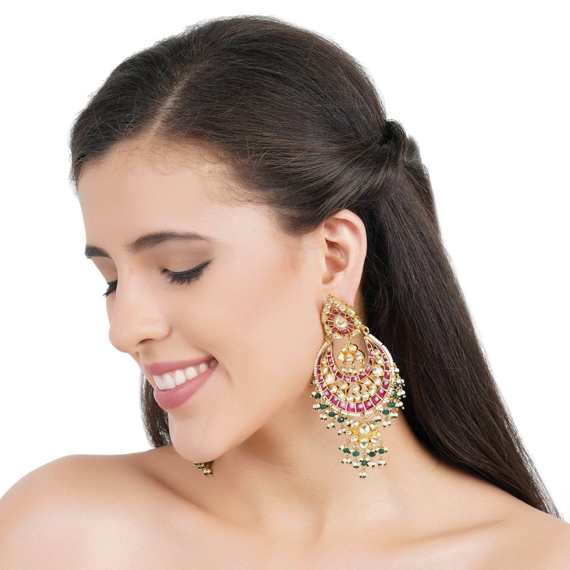 Gold Plated Kundan Chandbaali Earrings with Stones - Auraa Trends