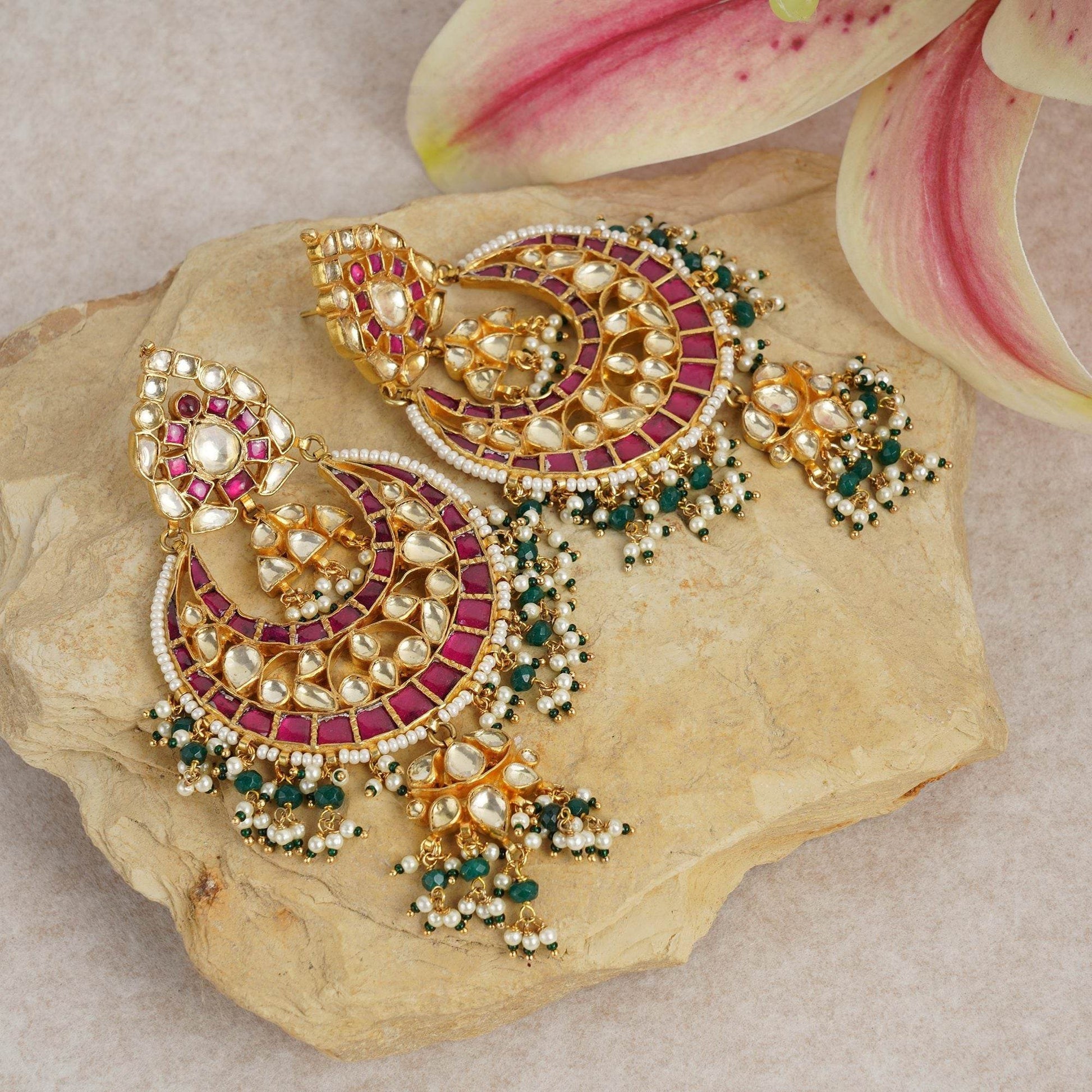 Gold Plated Kundan Chandbaali Earrings with Stones - Auraa Trends