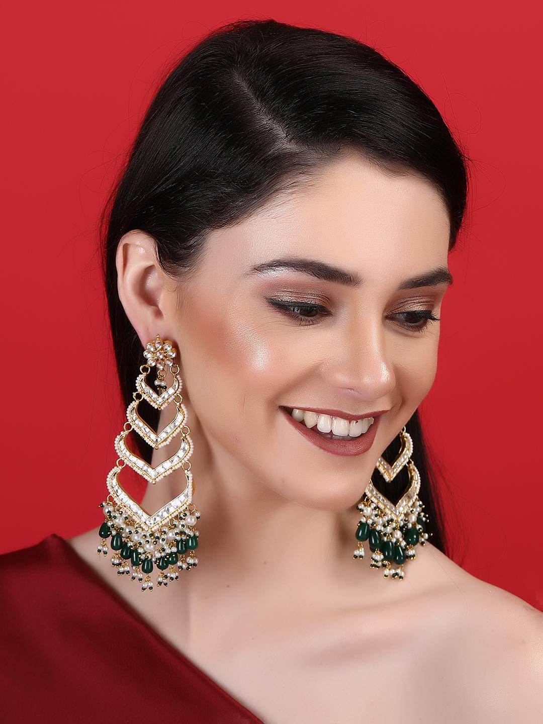 Gold Plated Kundan Chandelier Earrings - Auraa Trends