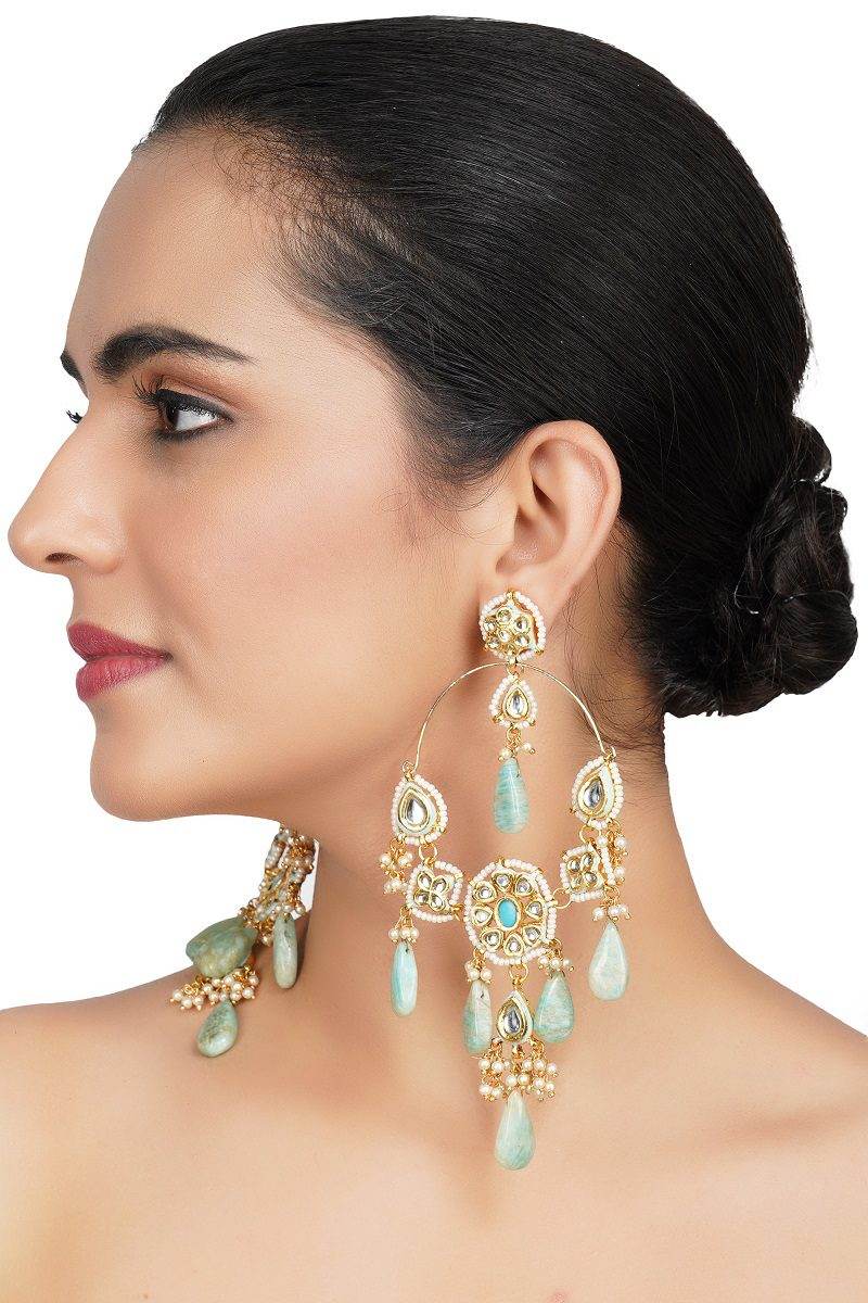 Gold Plated Kundan Chandelier Earrings - Royal Elegance - Auraa Trends