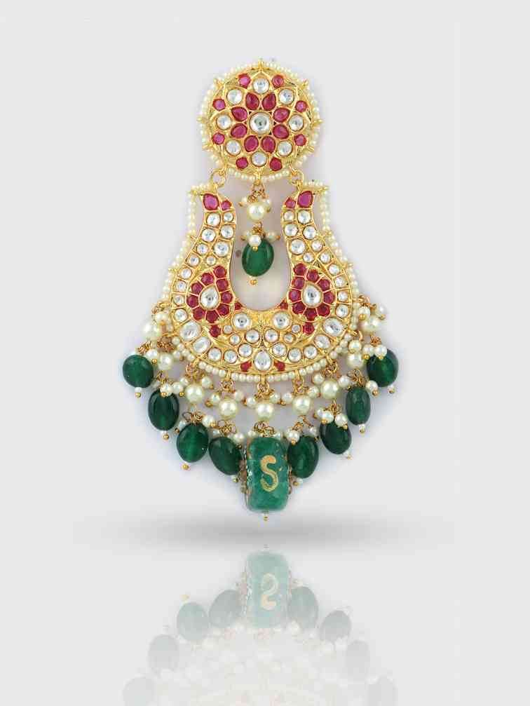 Gold Plated Kundan Chandelier Earrings with Green Drops - Auraa Trends