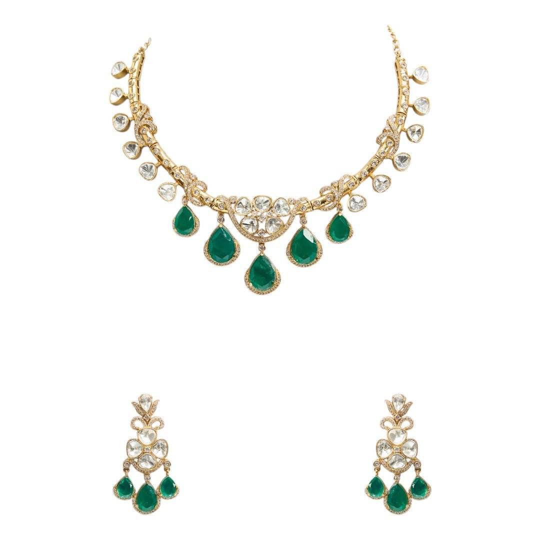Gold-Plated Kundan Choker Necklace Set featuring Emerald Green Teardrops – Ethnic Bridal Jewelry - Auraa Trends