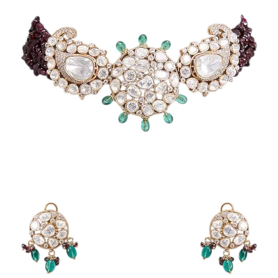 Gold - Plated Kundan Choker Necklace Set with Green Bead Detailing & Earrings for Women - Auraa Trends - Necklace Set - - Auraa Trends - Gold - plated kundan choker necklace set with green and maroon bead detailing and matching round earrings – Traditional Indian ethnic jewelry set"