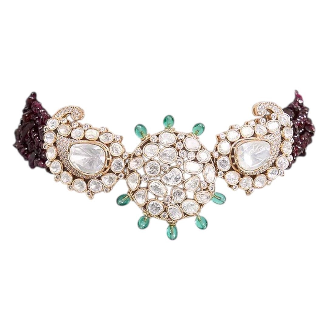 Gold - Plated Kundan Choker Necklace Set with Green Bead Detailing & Earrings for Women - Auraa Trends - Necklace Set - - Auraa Trends - Gold - plated kundan choker necklace set with green and maroon bead detailing and matching round earrings – Traditional Indian ethnic jewelry set"
