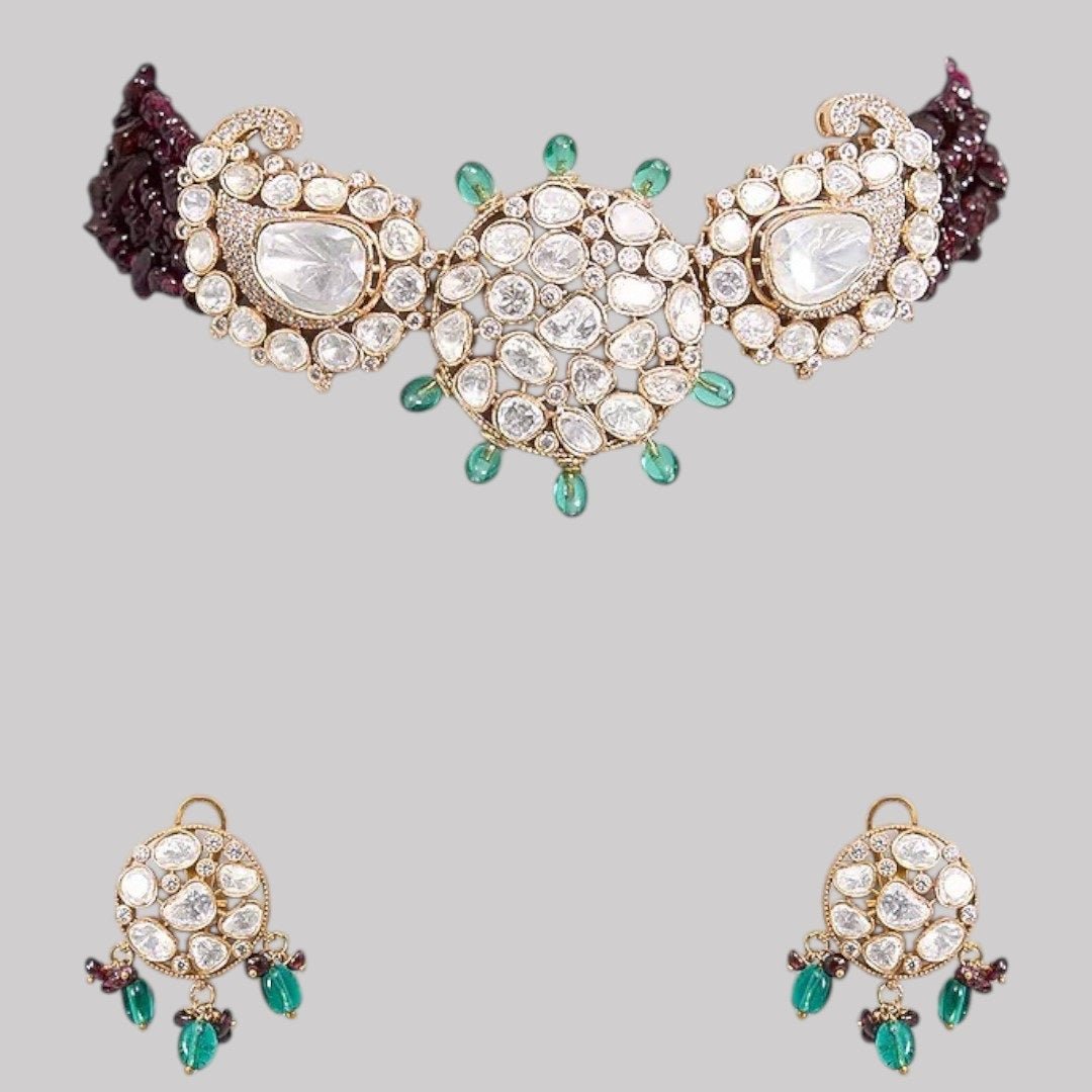 Gold - Plated Kundan Choker Necklace Set with Green Bead Detailing & Earrings for Women - Auraa Trends - Necklace Set - - Auraa Trends - Gold - plated kundan choker necklace set with green and maroon bead detailing and matching round earrings – Traditional Indian ethnic jewelry set"