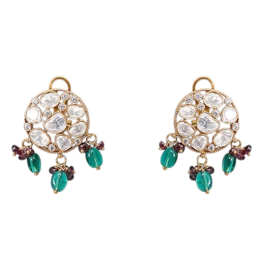 Gold - Plated Kundan Choker Necklace Set with Green Bead Detailing & Earrings for Women - Auraa Trends - Necklace Set - - Auraa Trends - Gold - plated kundan choker necklace set with green and maroon bead detailing and matching round earrings – Traditional Indian ethnic jewelry set"