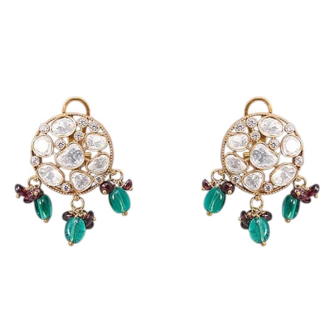 Gold-Plated Kundan Choker Necklace Set with Green Bead Detailing & Earrings for Women - Auraa Trends