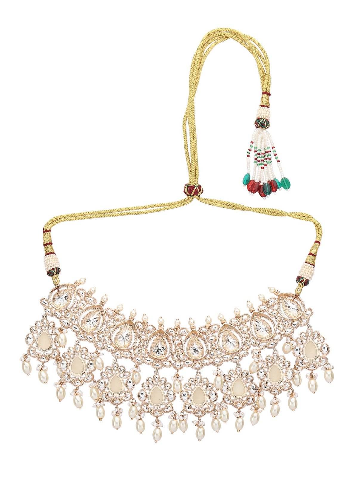 Gold Plated Kundan Choker Necklace Set with Pearl Detailing - Auraa Trends