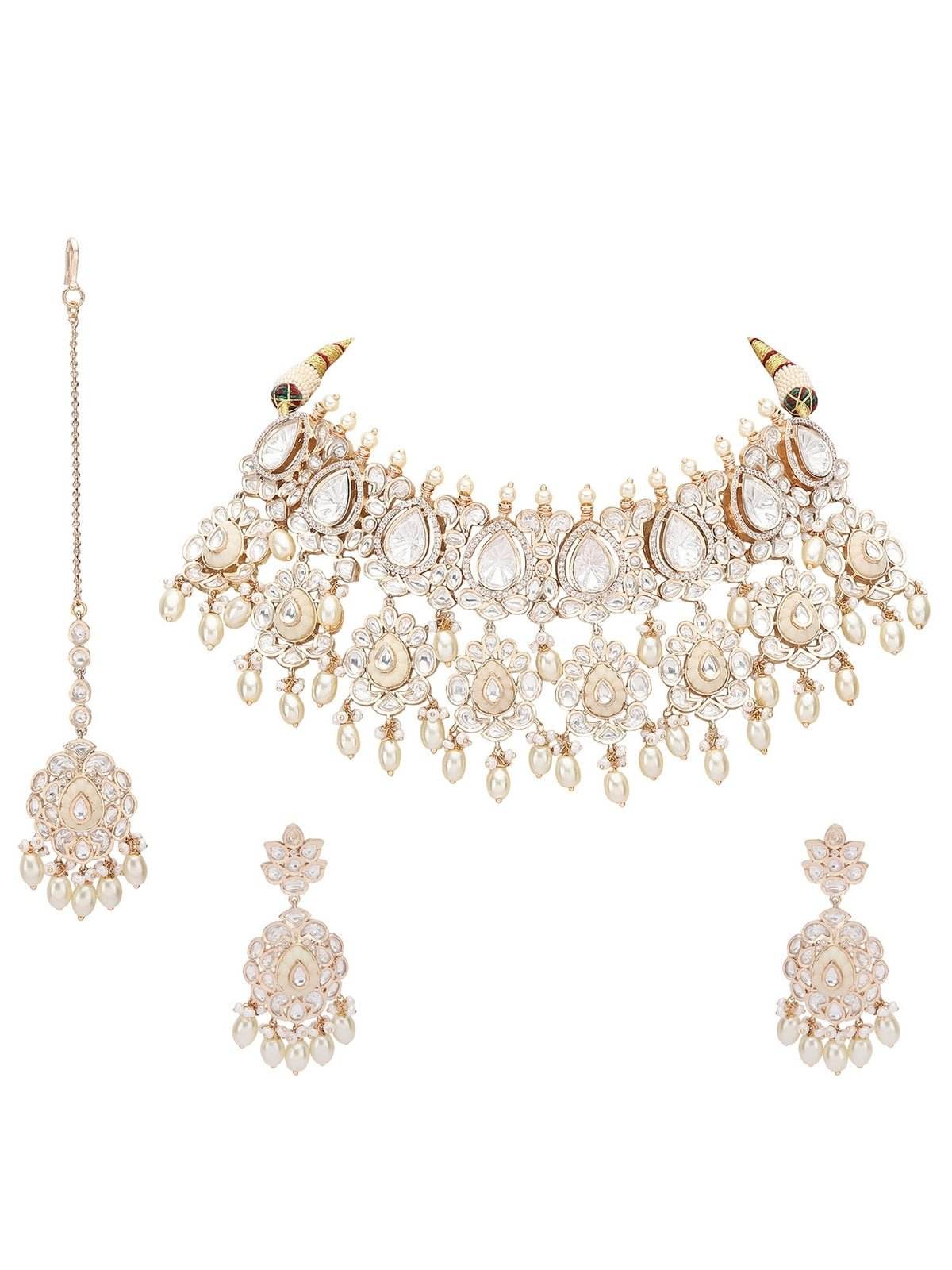 Gold Plated Kundan Choker Necklace Set with Pearl Detailing - Auraa Trends