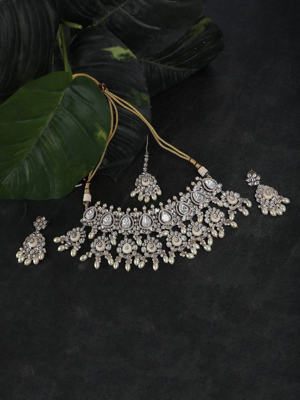 Gold Plated Kundan Choker Necklace Set with Pearl Detailing - Auraa Trends