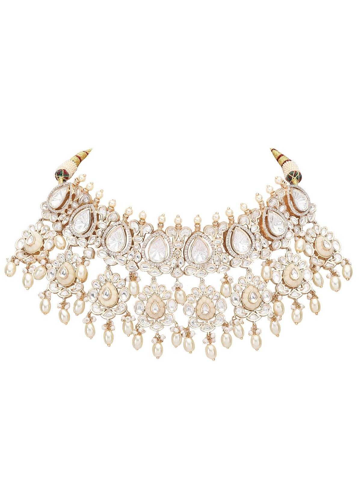 Gold Plated Kundan Choker Necklace Set with Pearl Detailing - Auraa Trends