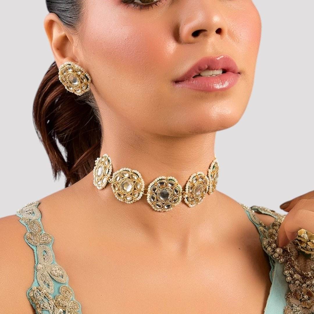 Gold-Plated Kundan Choker Necklace with Matching Earrings - Auraa Trends