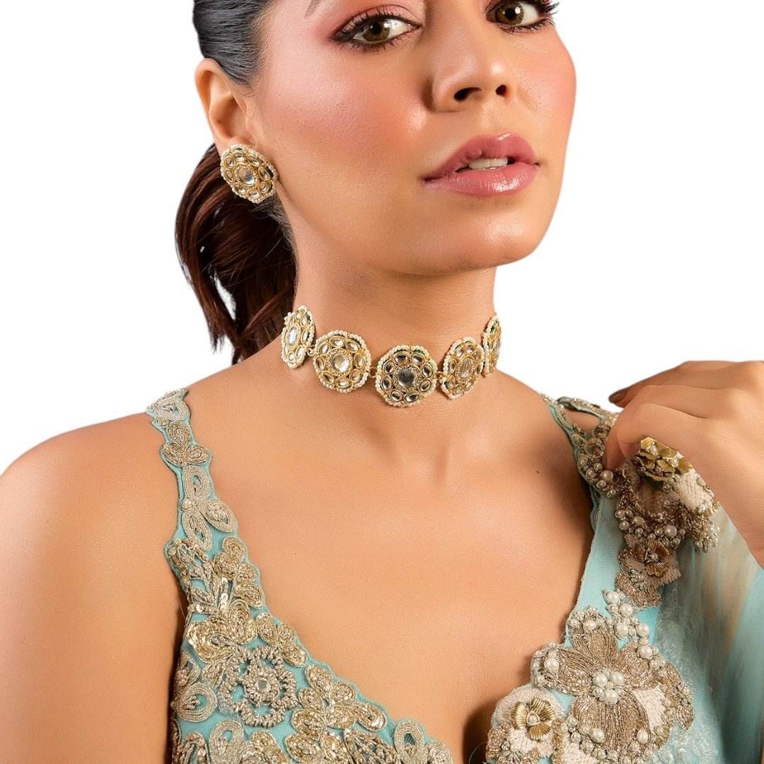 Gold-Plated Kundan Choker Necklace with Matching Earrings - Auraa Trends