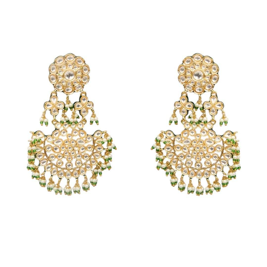 Gold-plated Kundan dome jhumka earrings with green bead Chandbaali - perfect ethnic party jewelry - Auraa Trends