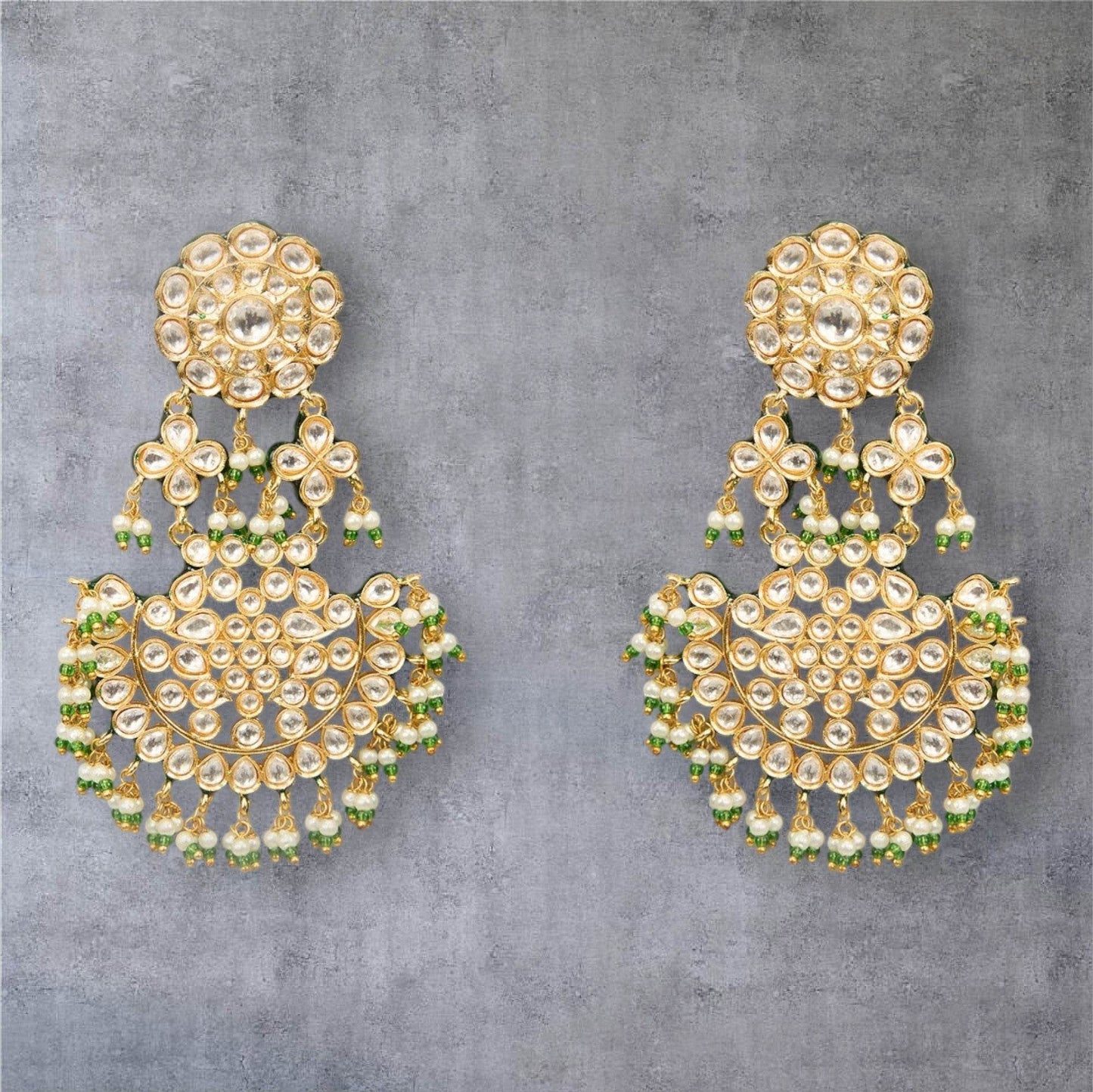 Gold-plated Kundan dome jhumka earrings with green bead Chandbaali - perfect ethnic party jewelry - Auraa Trends