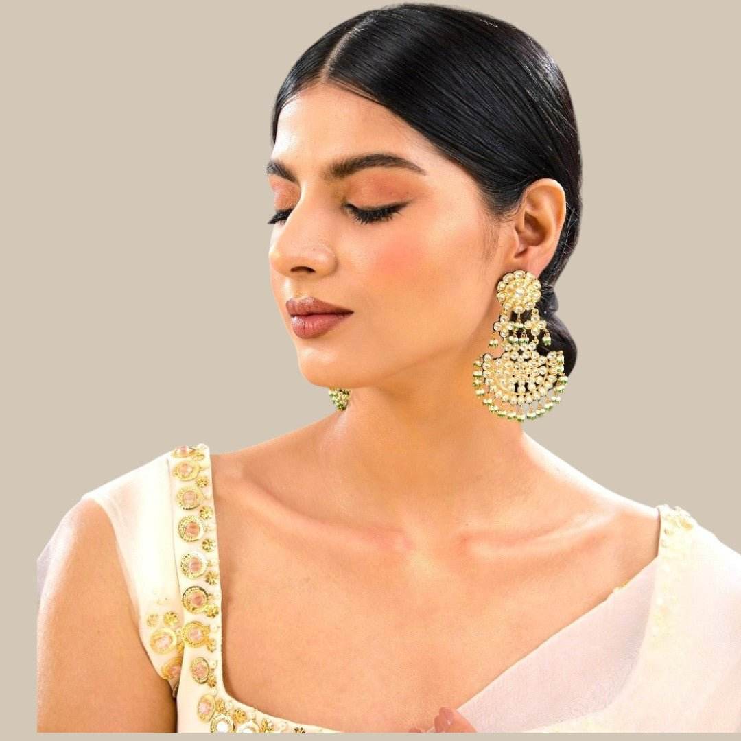 Gold-plated Kundan dome jhumka earrings with green bead Chandbaali - perfect ethnic party jewelry - Auraa Trends