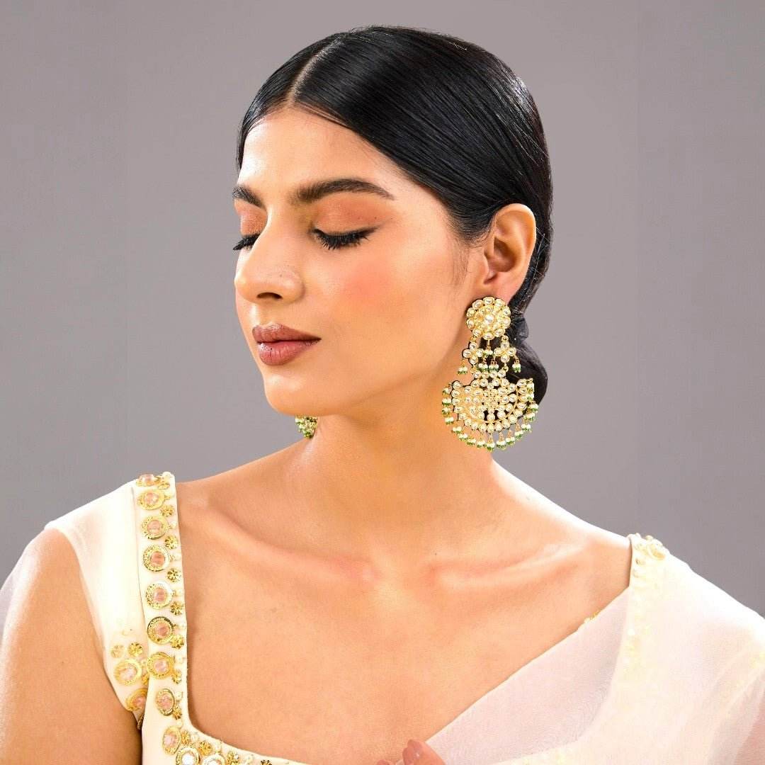 Gold-plated Kundan dome jhumka earrings with green bead Chandbaali - perfect ethnic party jewelry - Auraa Trends