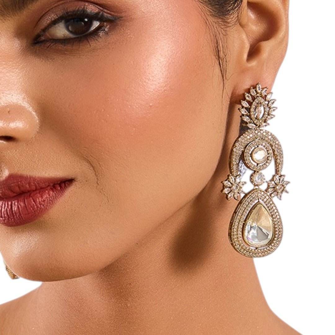 Gold Plated Kundan Drop Statement Earrings - Auraa Trends
