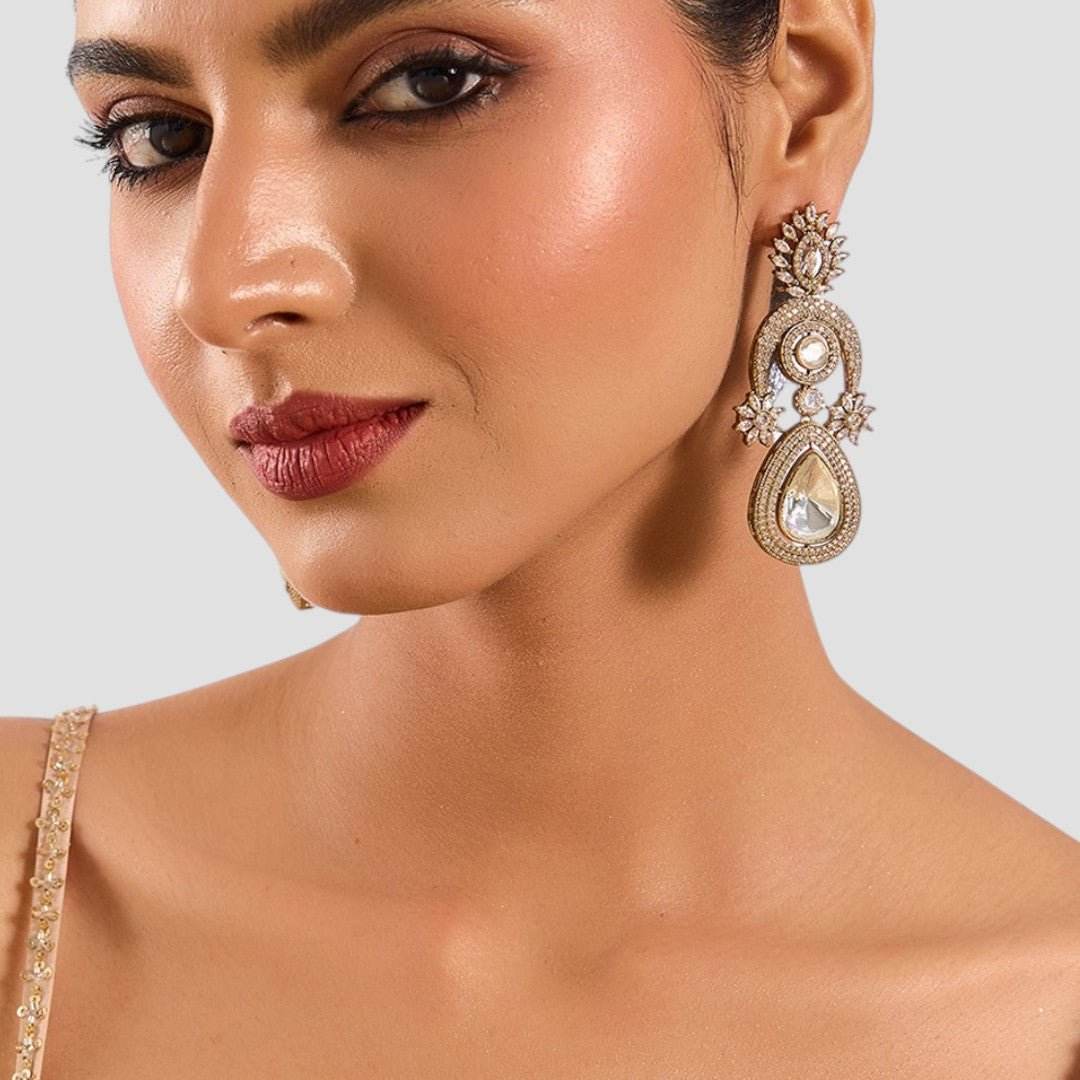 Gold Plated Kundan Drop Statement Earrings - Auraa Trends