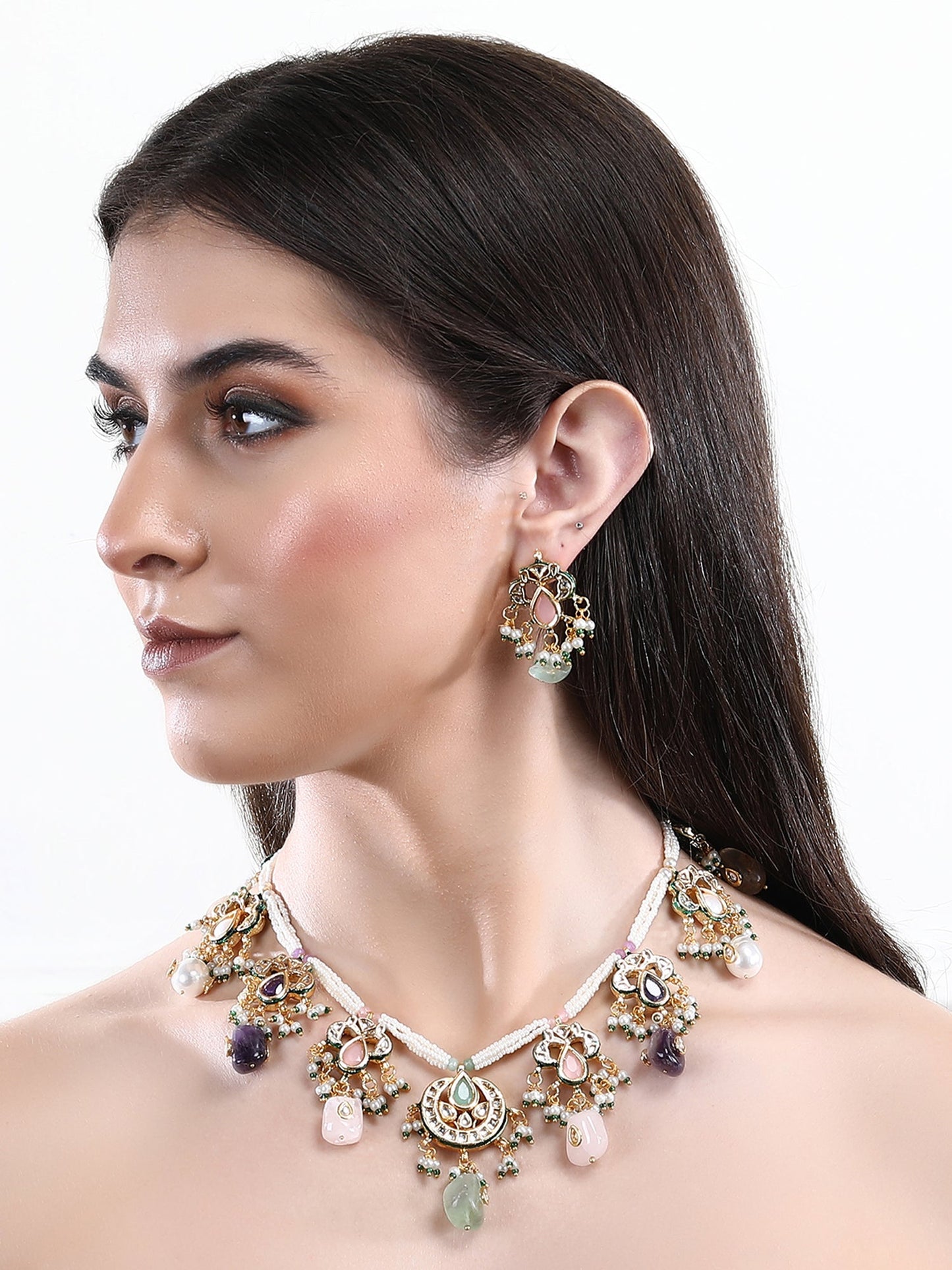 Gold Plated Kundan Elegant Navratna Necklace Set For women - Auraa Trends - Necklace Set -Buy Navratna Necklace Set For women