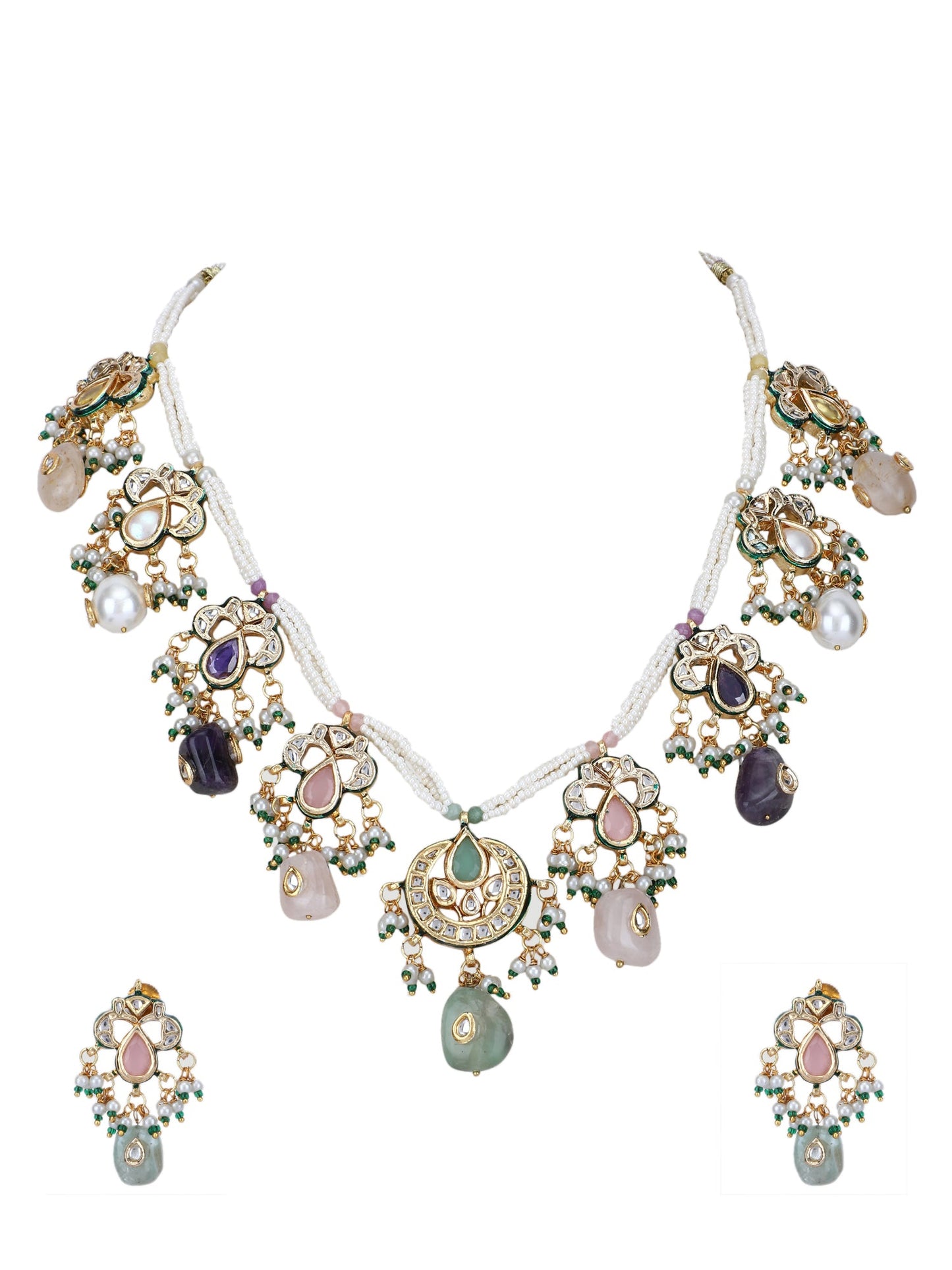 Gold Plated Kundan Elegant Navratna Necklace Set For women - Auraa Trends - Necklace Set -Buy Navratna Necklace Set For women